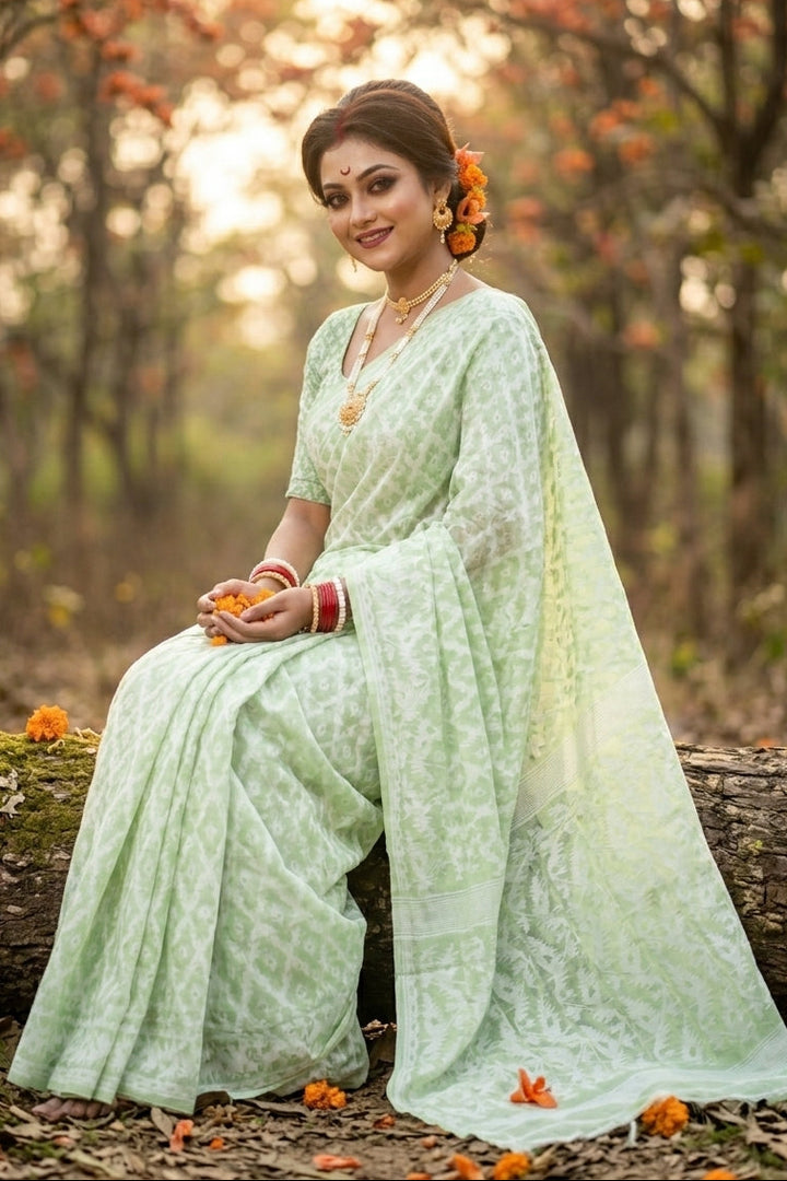 Neel Komol ( নীল কমল )Bengal Jamdani Saree ( Pista)