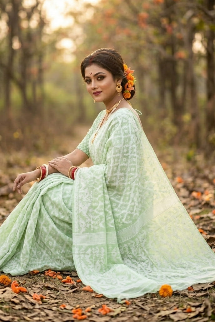 Neel Komol ( নীল কমল )Bengal Jamdani Saree ( Pista)