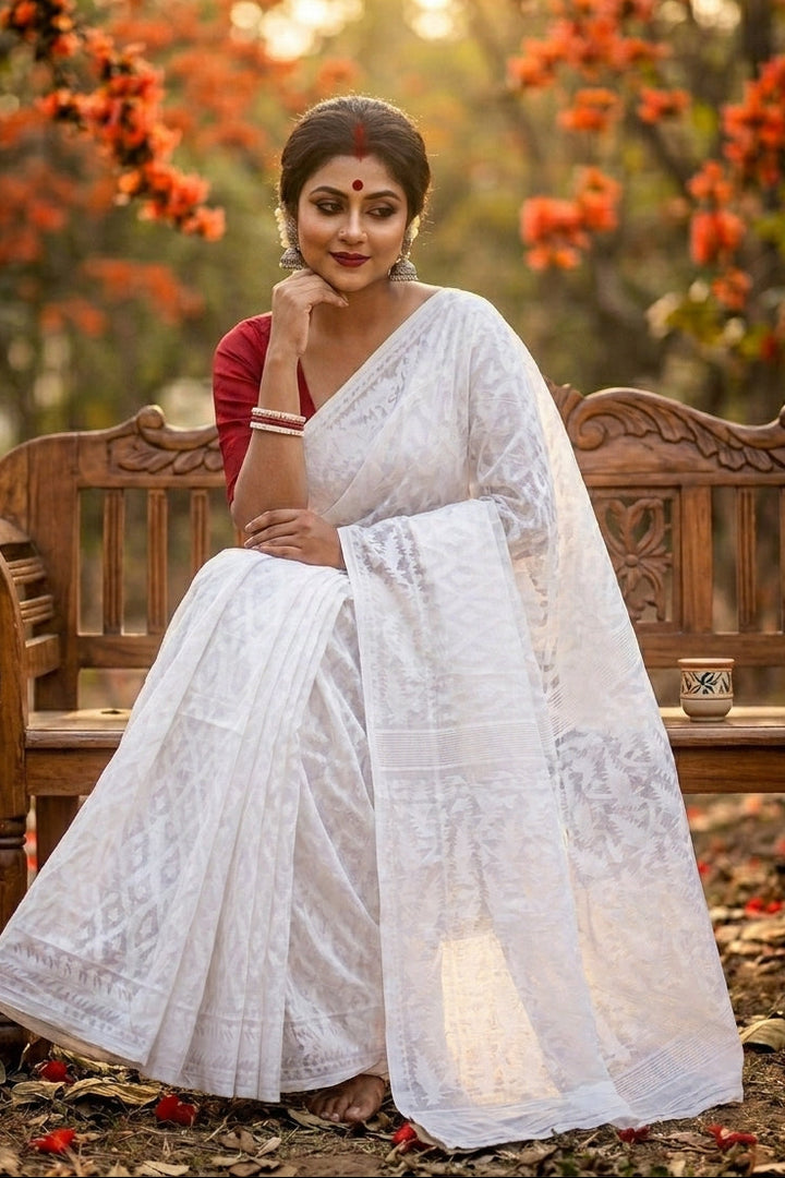 Neel Komol ( নীল কমল )Bengal Jamdani Saree ( White)