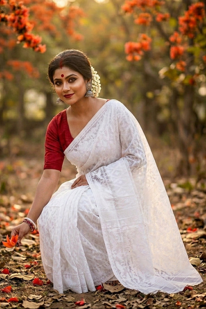 Neel Komol ( নীল কমল )Bengal Jamdani Saree ( White)