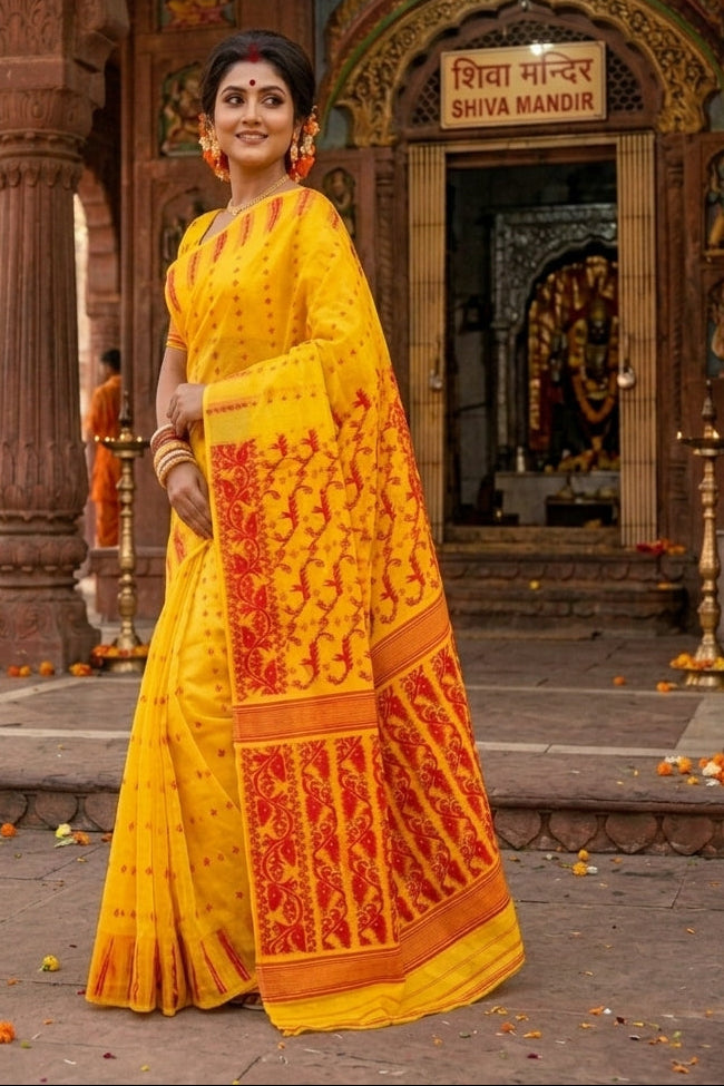 Shatarupa Bengal Jamdani Saree (Red & Yellow)