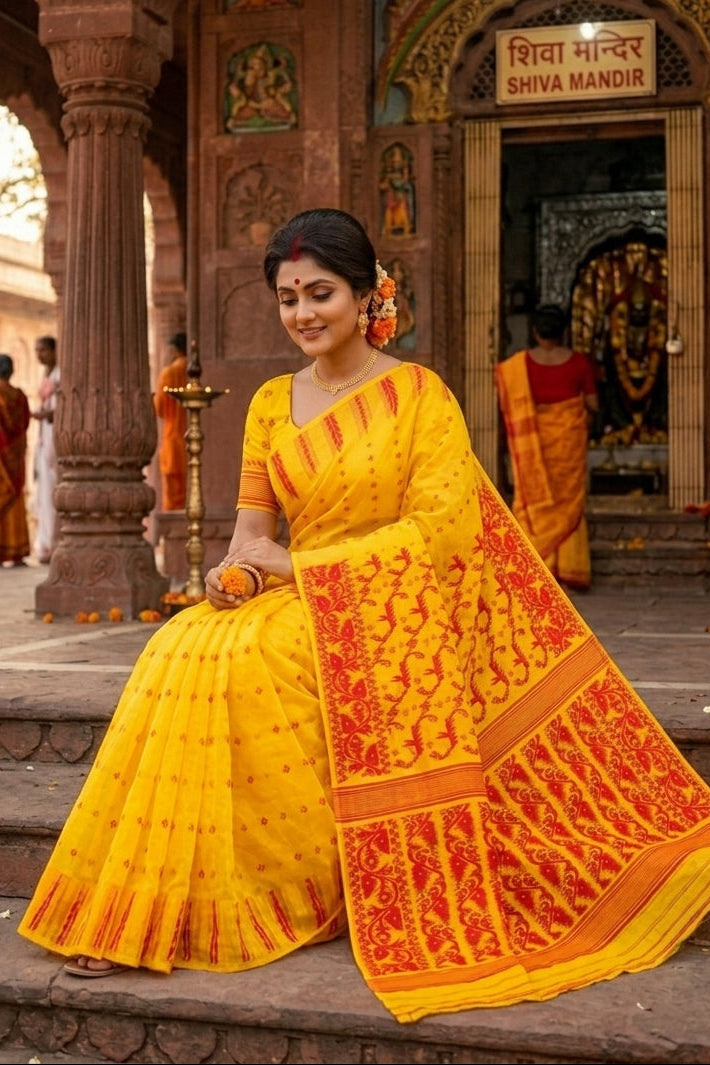 Shatarupa Bengal Jamdani Saree (Red & Yellow)