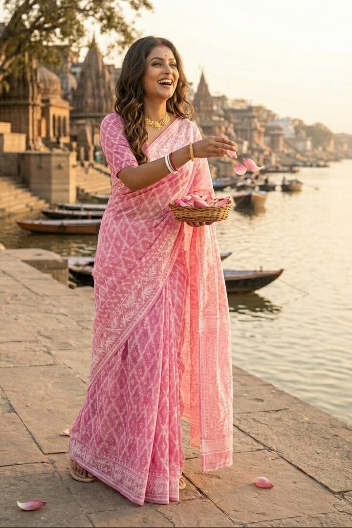 Neel Komol ( নীল কমল )Bengal Jamdani Saree (pink)