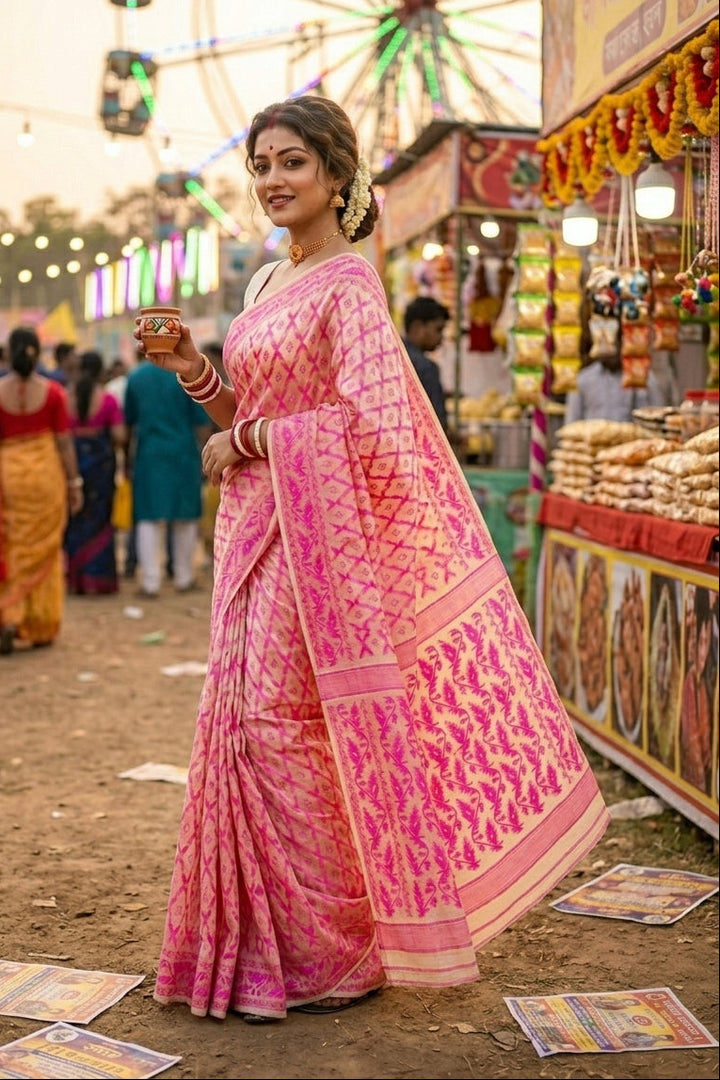 Neel Komol ( নীল কমল )Bengal Jamdani Saree ( cream pink)