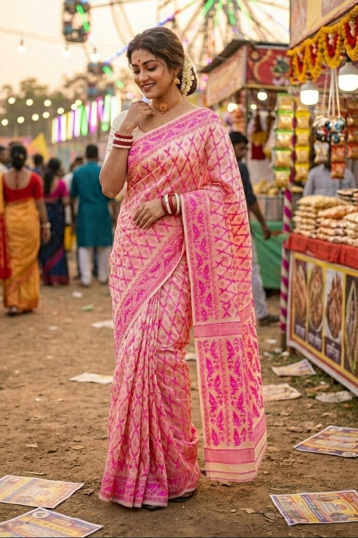 Neel Komol ( নীল কমল )Bengal Jamdani Saree ( cream pink)