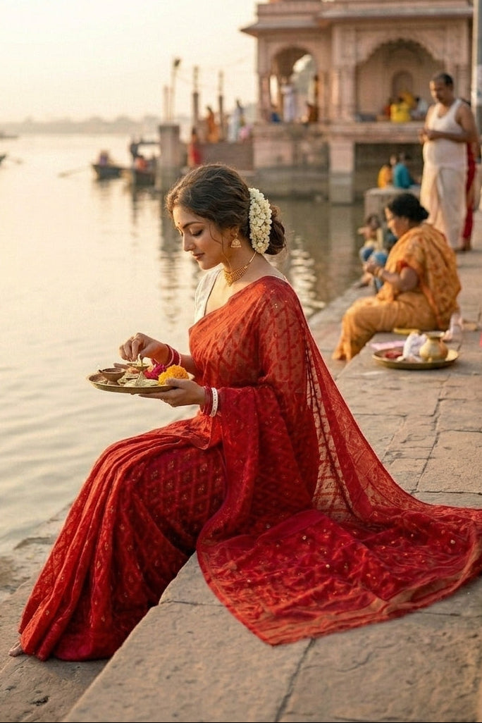 Neel Komol ( নীল কমল )Bengal Jamdani Saree ( Red)