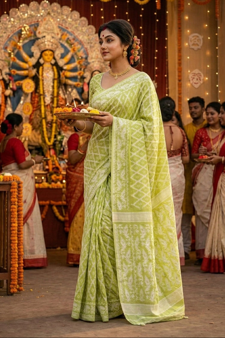 Neel Komol ( নীল কমল )Bengal Jamdani Saree ( Light Green)