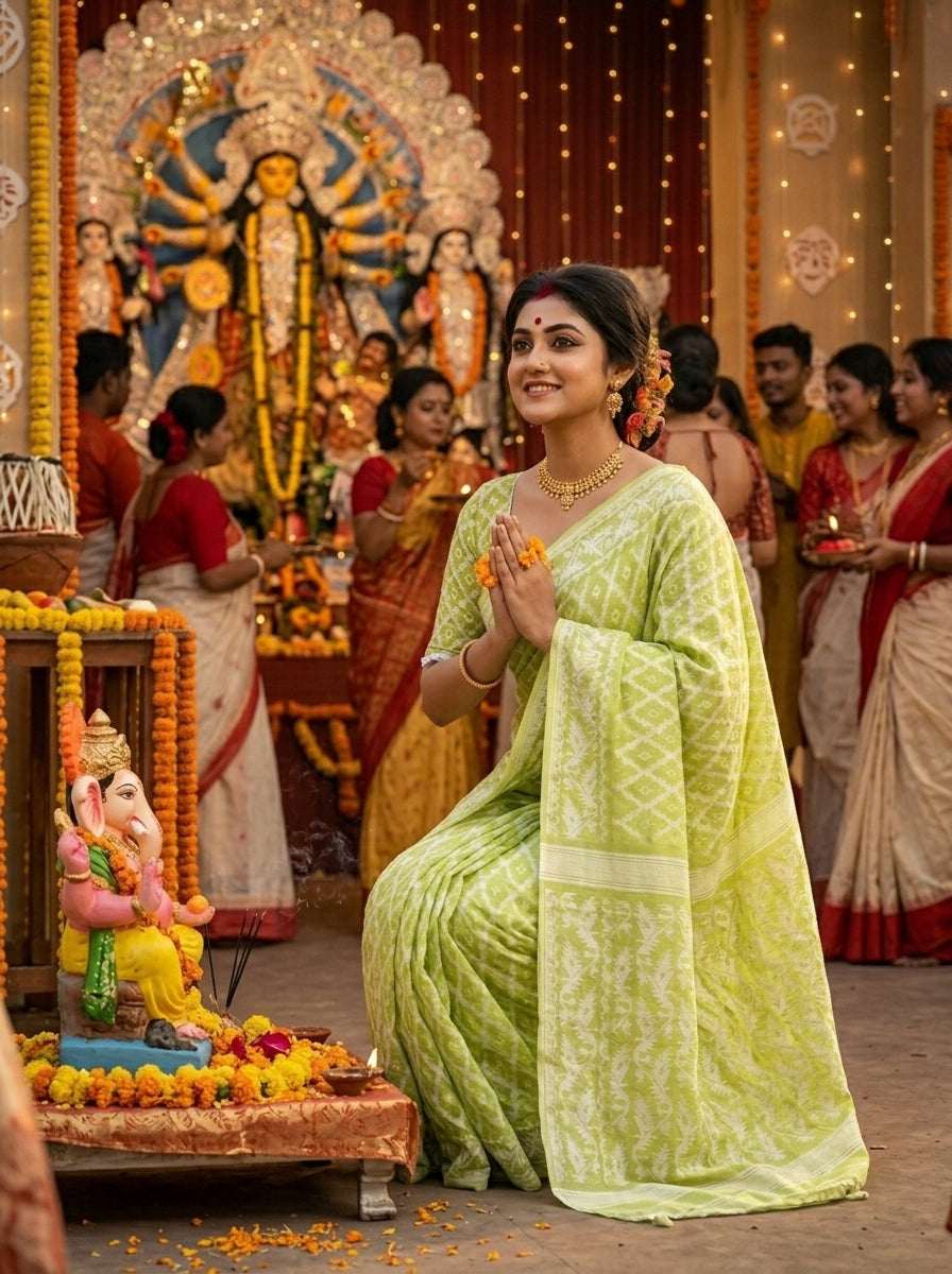 Neel Komol ( নীল কমল )Bengal Jamdani Saree ( Light Green)