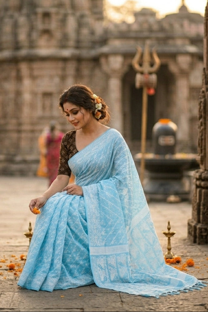 Bangaliyana Jamdani Saree (Sky)