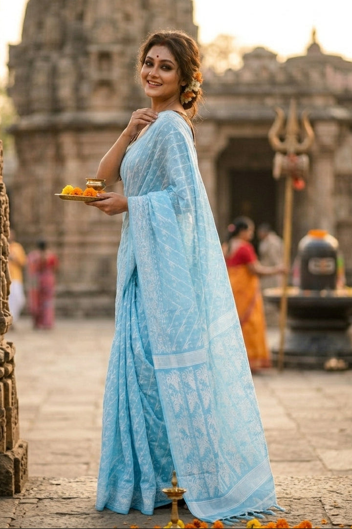 Bangaliyana Jamdani Saree (Sky)