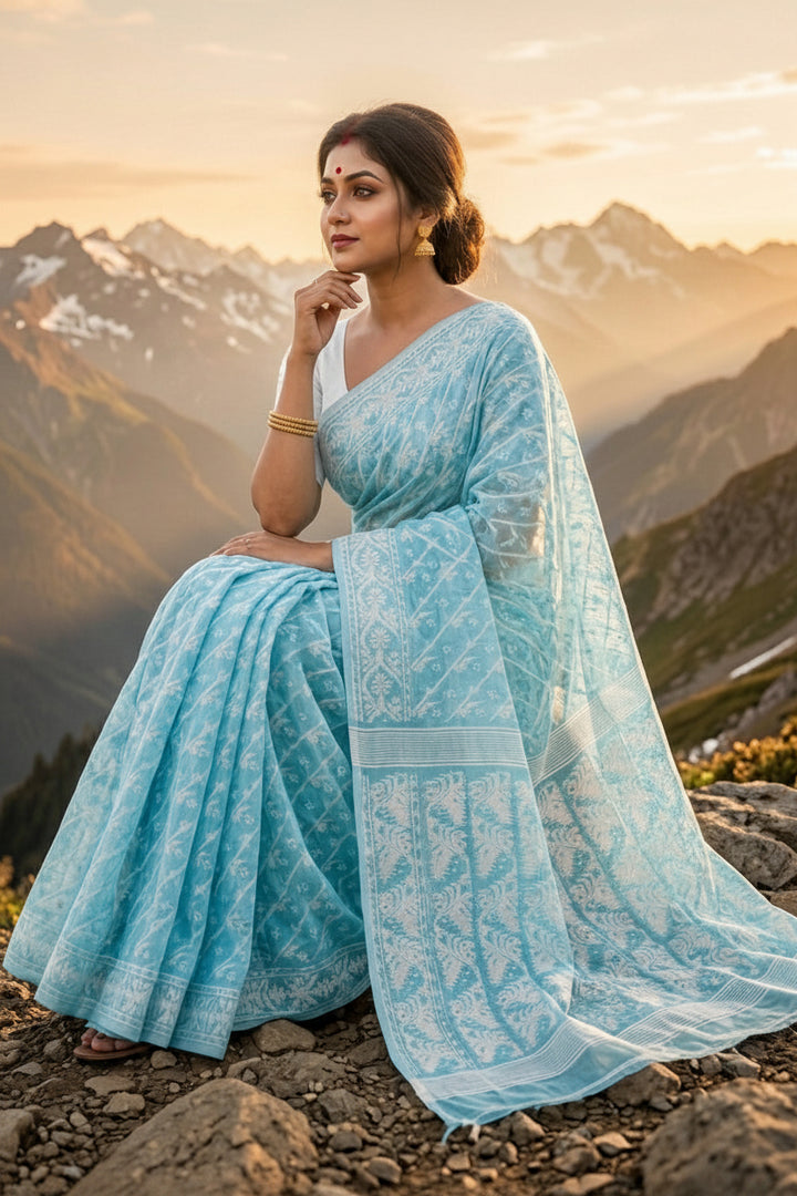 Bangaliyana Jamdani Saree (Light Sky)