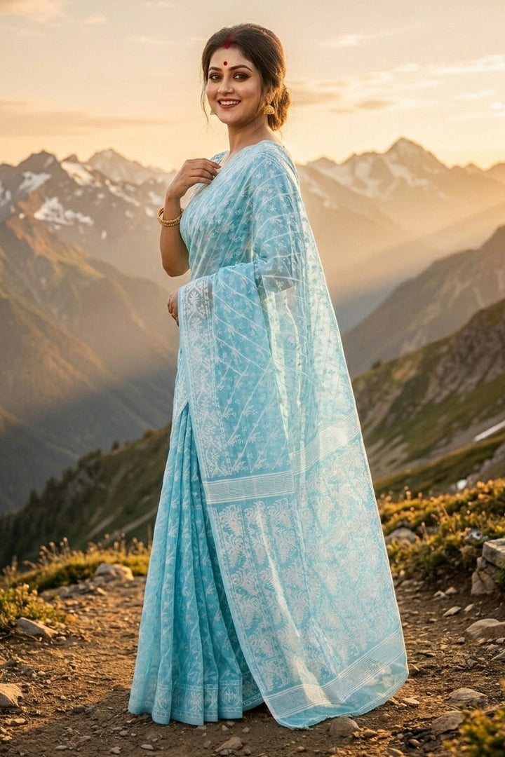 Bangaliyana Jamdani Saree (Light Sky)