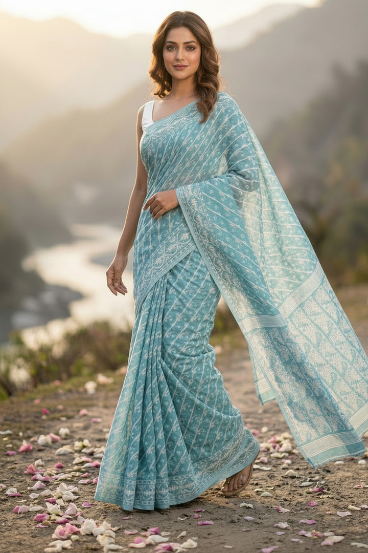 Bangaliyana Jamdani Saree (Teal)