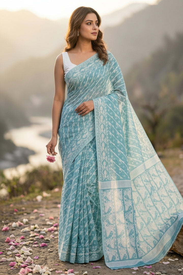 Bangaliyana Jamdani Saree (Teal)
