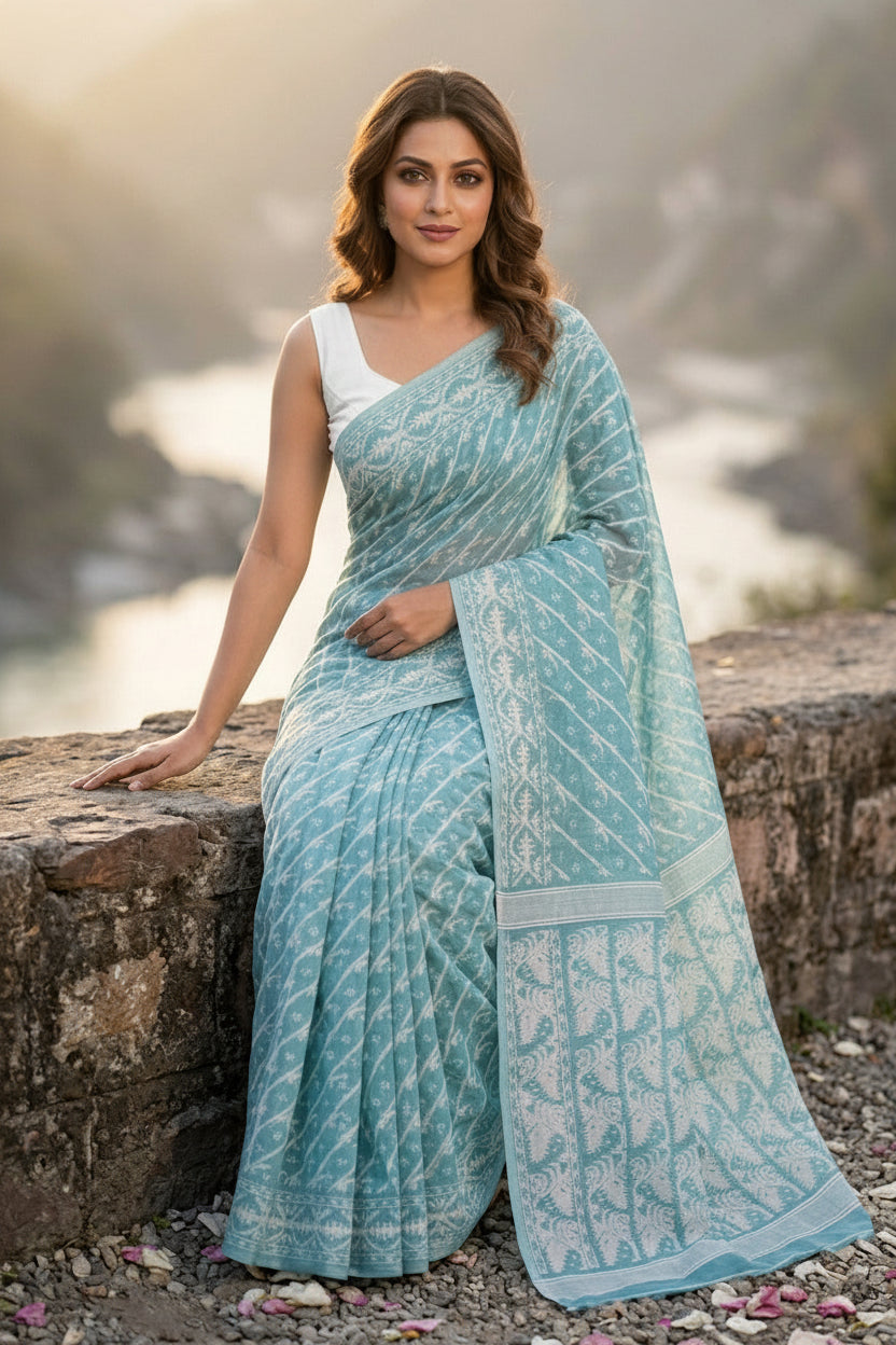 Bangaliyana Jamdani Saree (Teal)