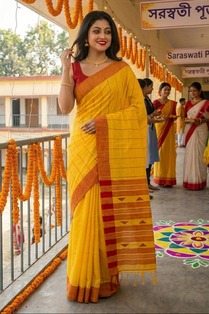 The Royal Drape Cotton Saree (Yellow)