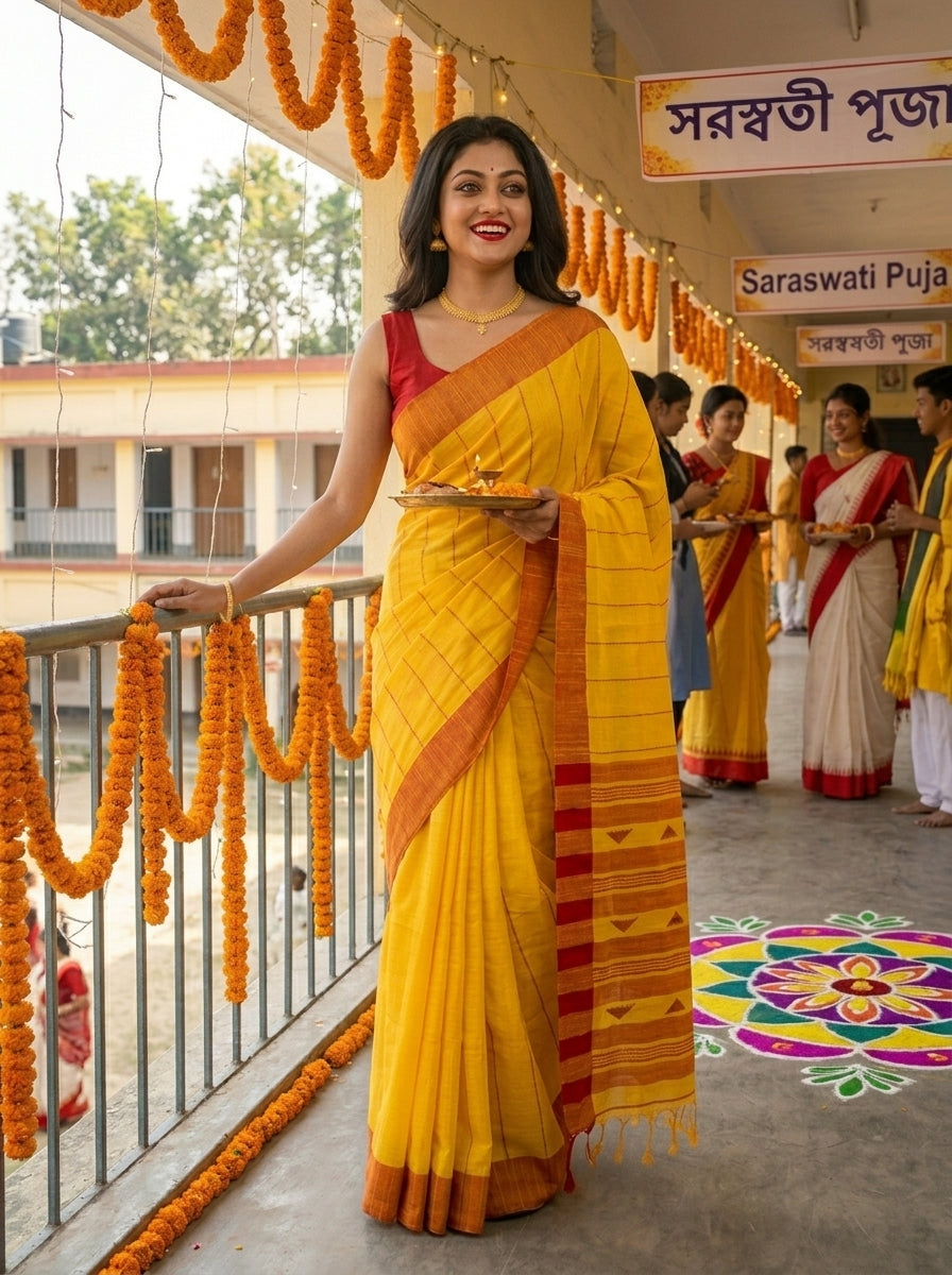 The Royal Drape Cotton Saree (Yellow)