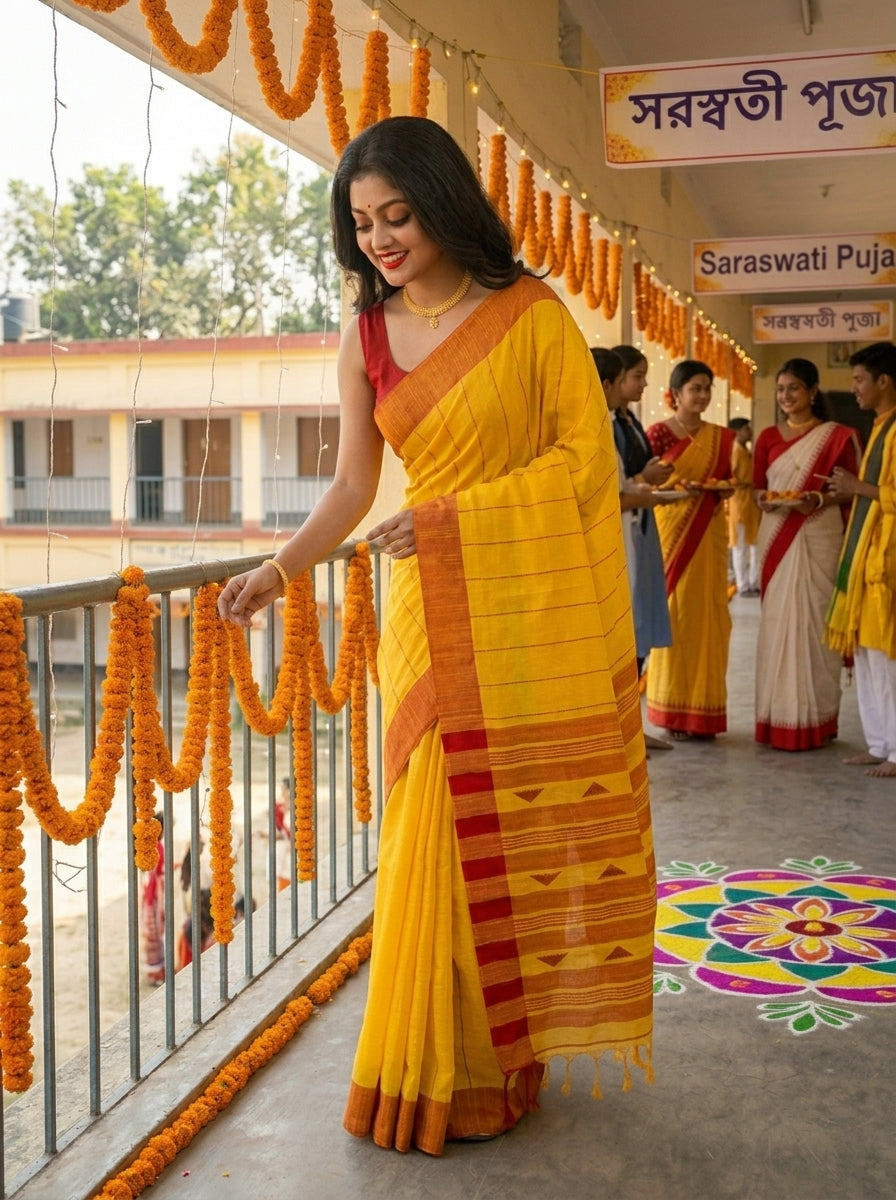 The Royal Drape Cotton Saree (Yellow)