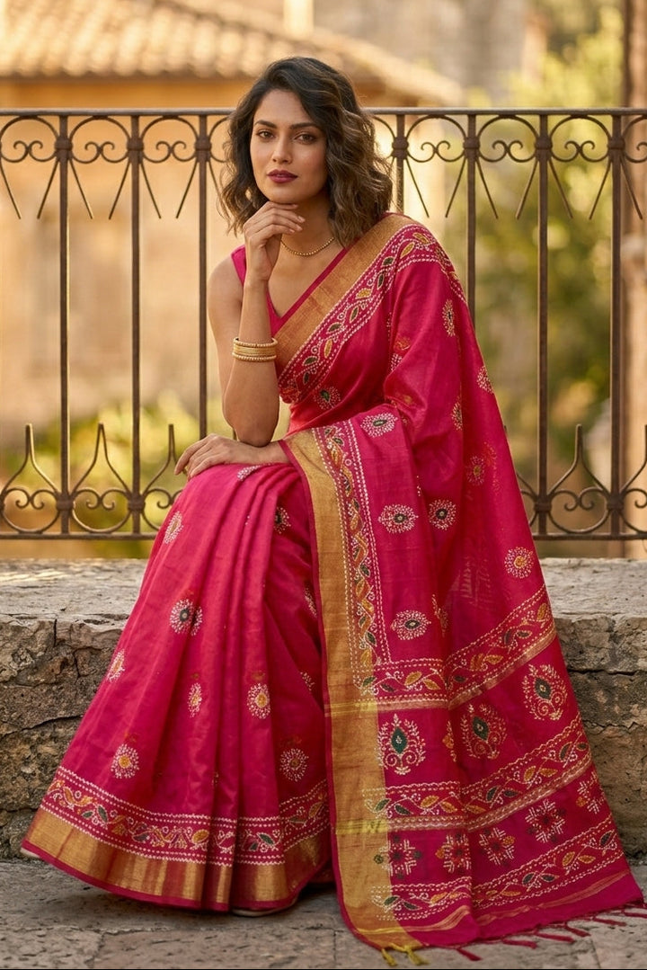 Tulir Tan Cotton Silk Saree (Pink )