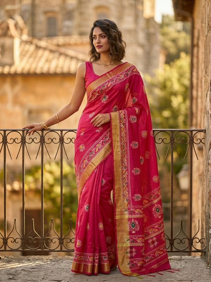 Tulir Tan Cotton Silk Saree (Pink )