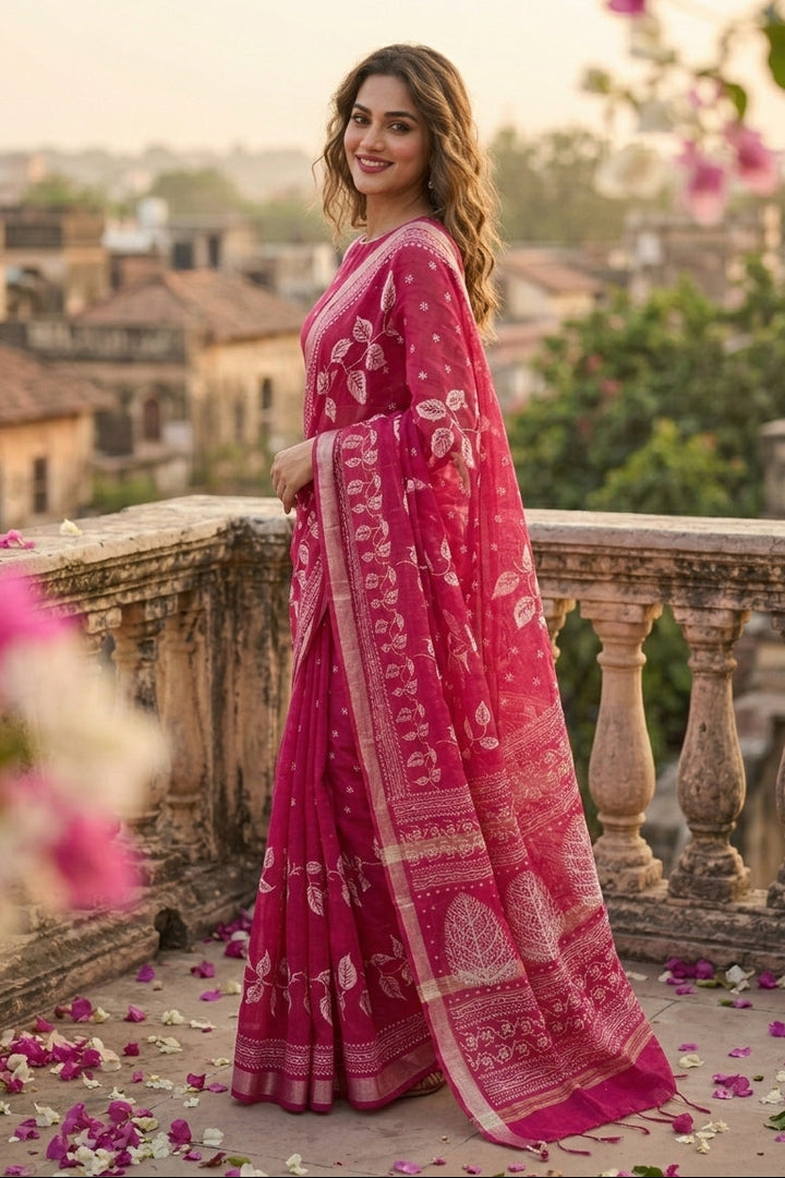 Tulir Tan Cotton Silk Saree (Pink )