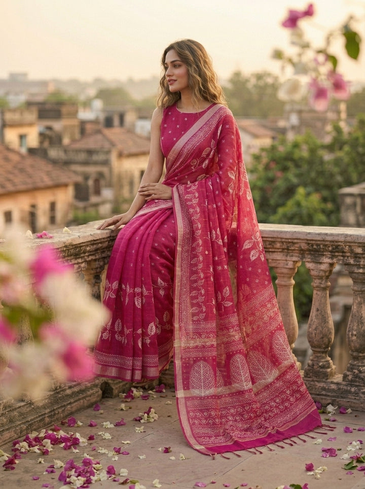 Tulir Tan Cotton Silk Saree (Pink )
