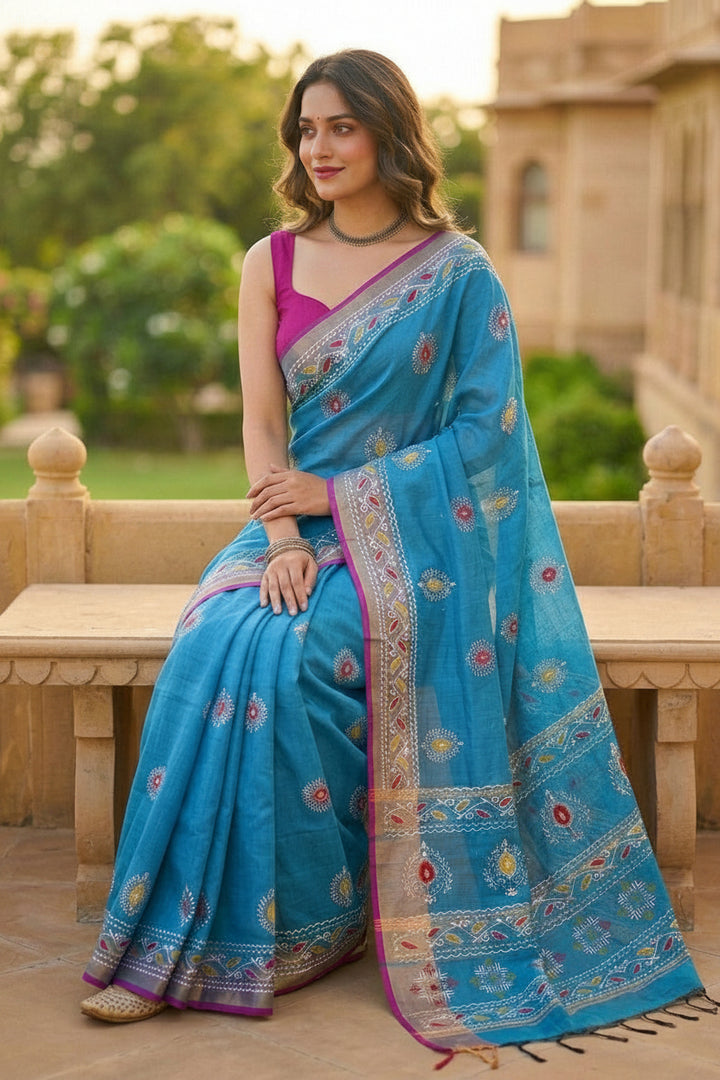 Tulir Tan Cotton Silk Saree (Blue)