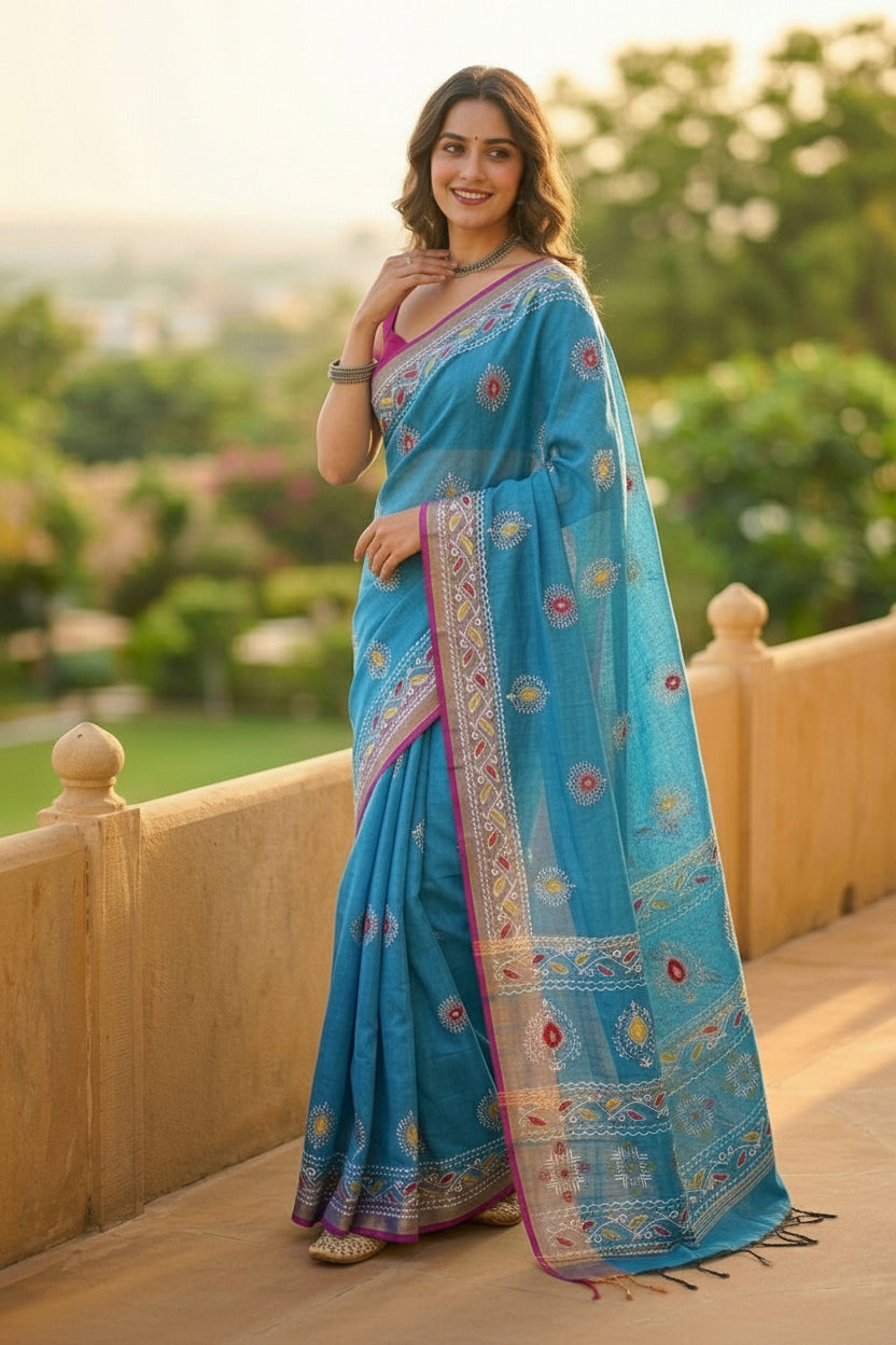 Tulir Tan Cotton Silk Saree (Blue)