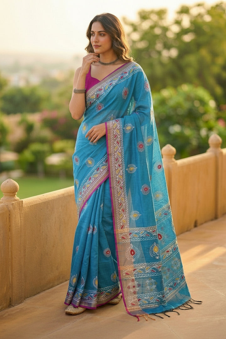 Tulir Tan Cotton Silk Saree (Blue)
