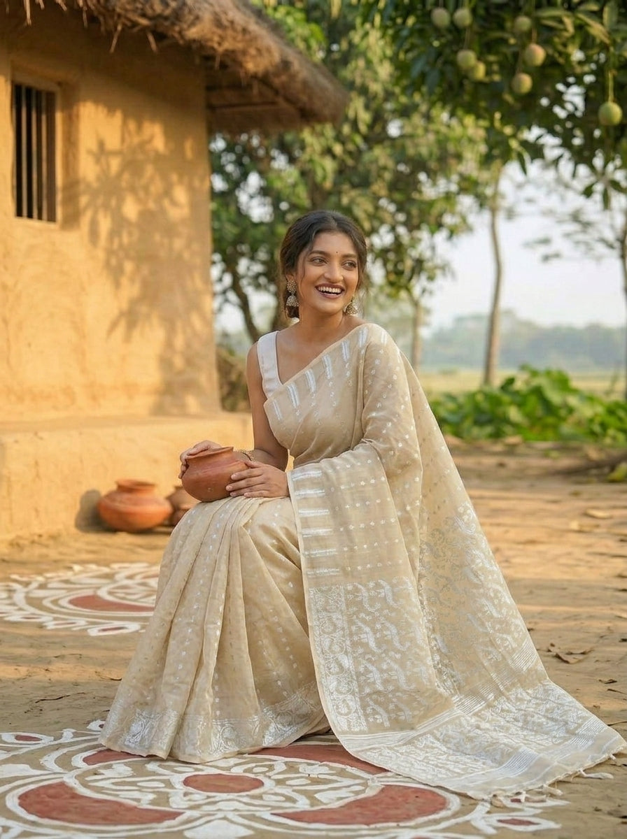 Shatarupa Bengal Jamdani Saree(Ivory)