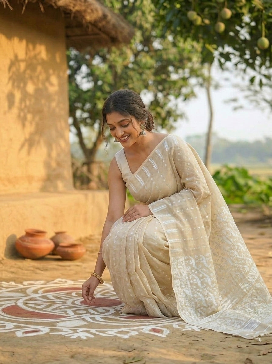 Shatarupa Bengal Jamdani Saree(Ivory)