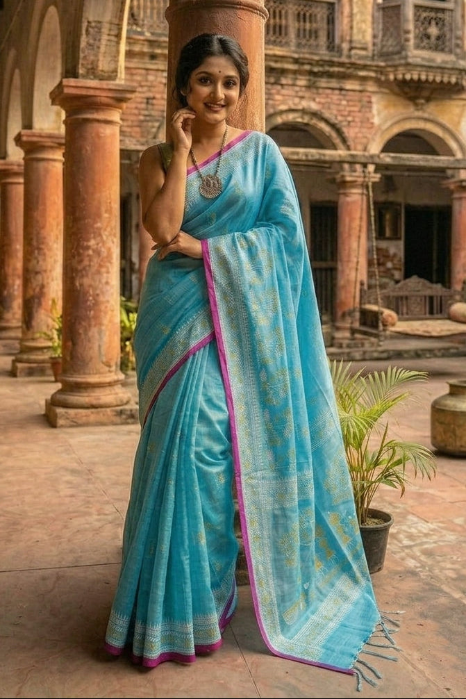 স্মৃতিচারণ (SmritiCharon )Tissue Cotton Saree(Sky)