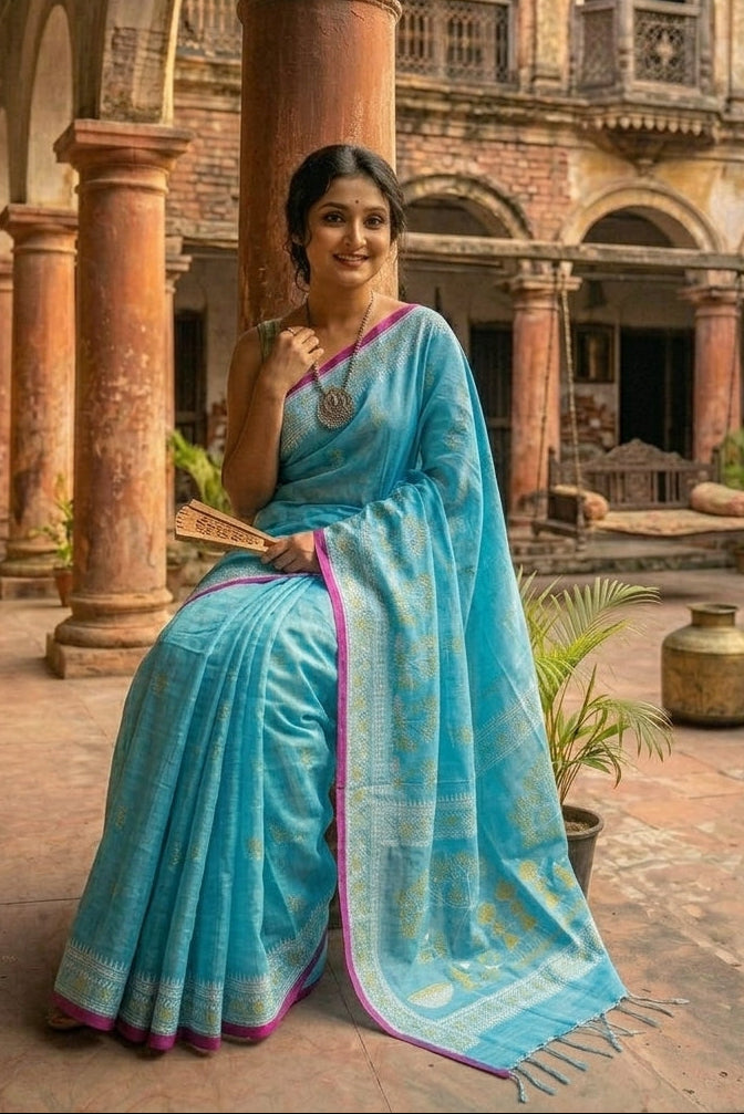 স্মৃতিচারণ (SmritiCharon )Tissue Cotton Saree(Sky)