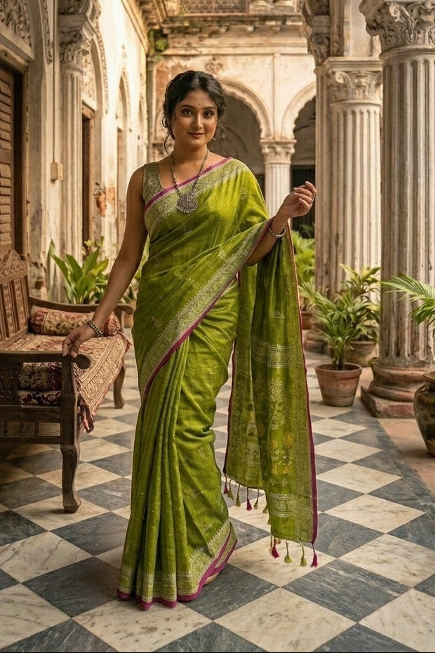 স্মৃতিচারণ (SmritiCharon )Tissue Cotton Saree( OLIVE )