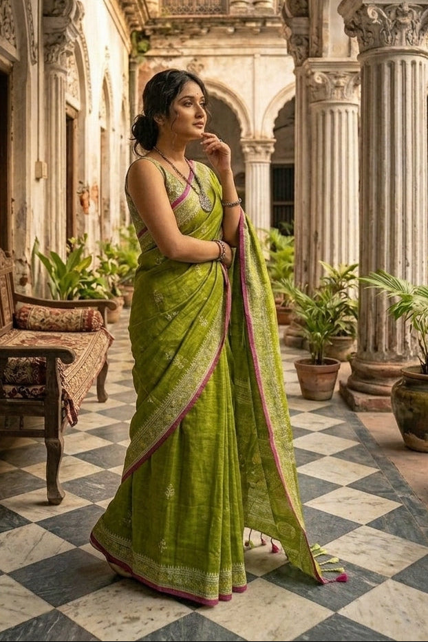 স্মৃতিচারণ (SmritiCharon )Tissue Cotton Saree( OLIVE )