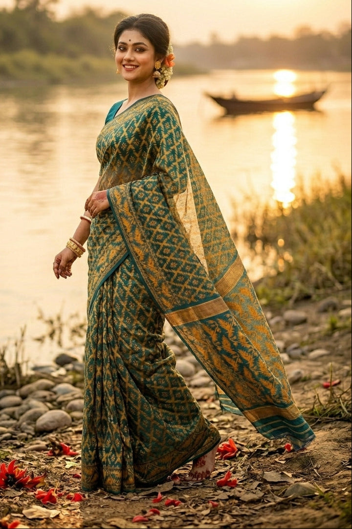 Neel Komol ( নীল কমল )Bengal Jamdani Saree (forest green)