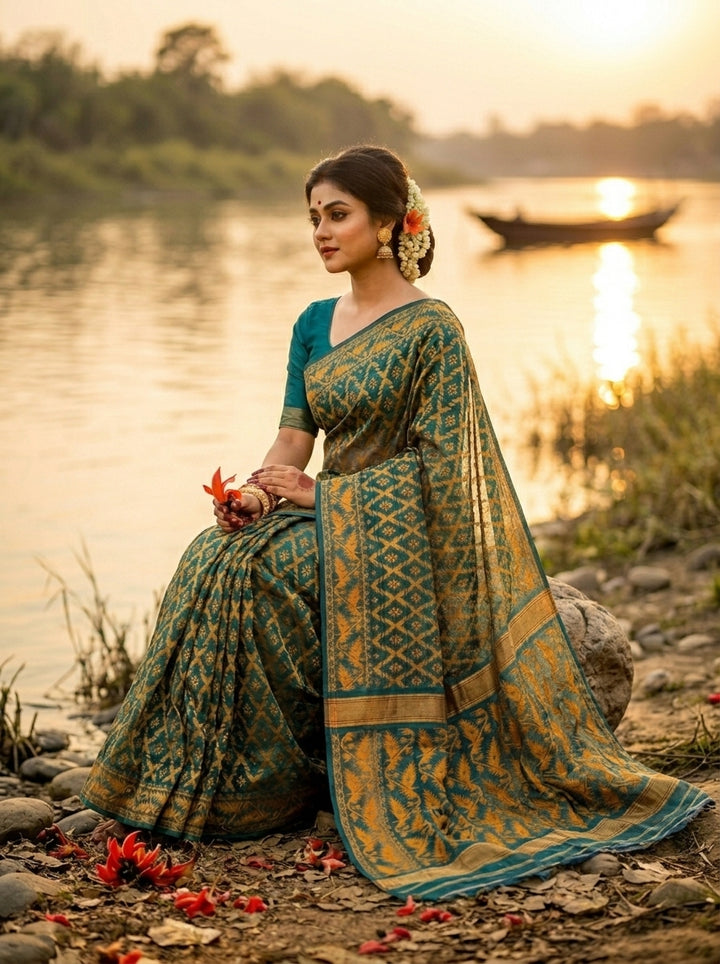 Neel Komol ( নীল কমল )Bengal Jamdani Saree (forest green)