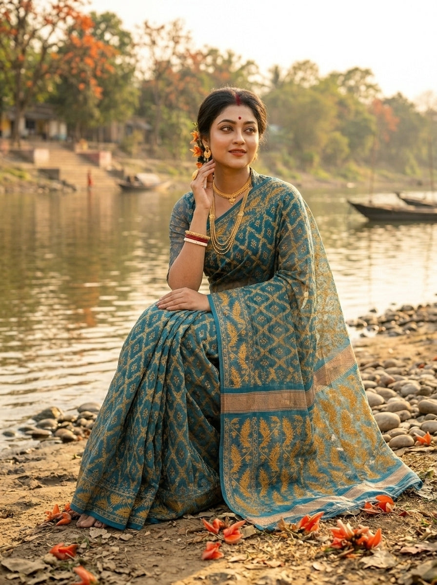 Neel Komol ( নীল কমল )Bengal Jamdani Saree (blue)