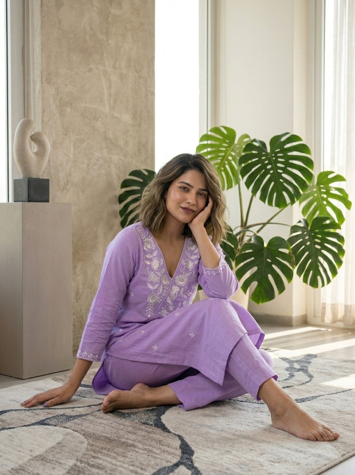 Keshariya Bloom Kurti Set (Lavender)