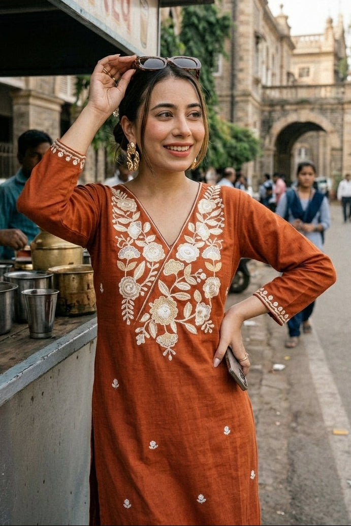 Keshariya Bloom Kurti Set (Rust)