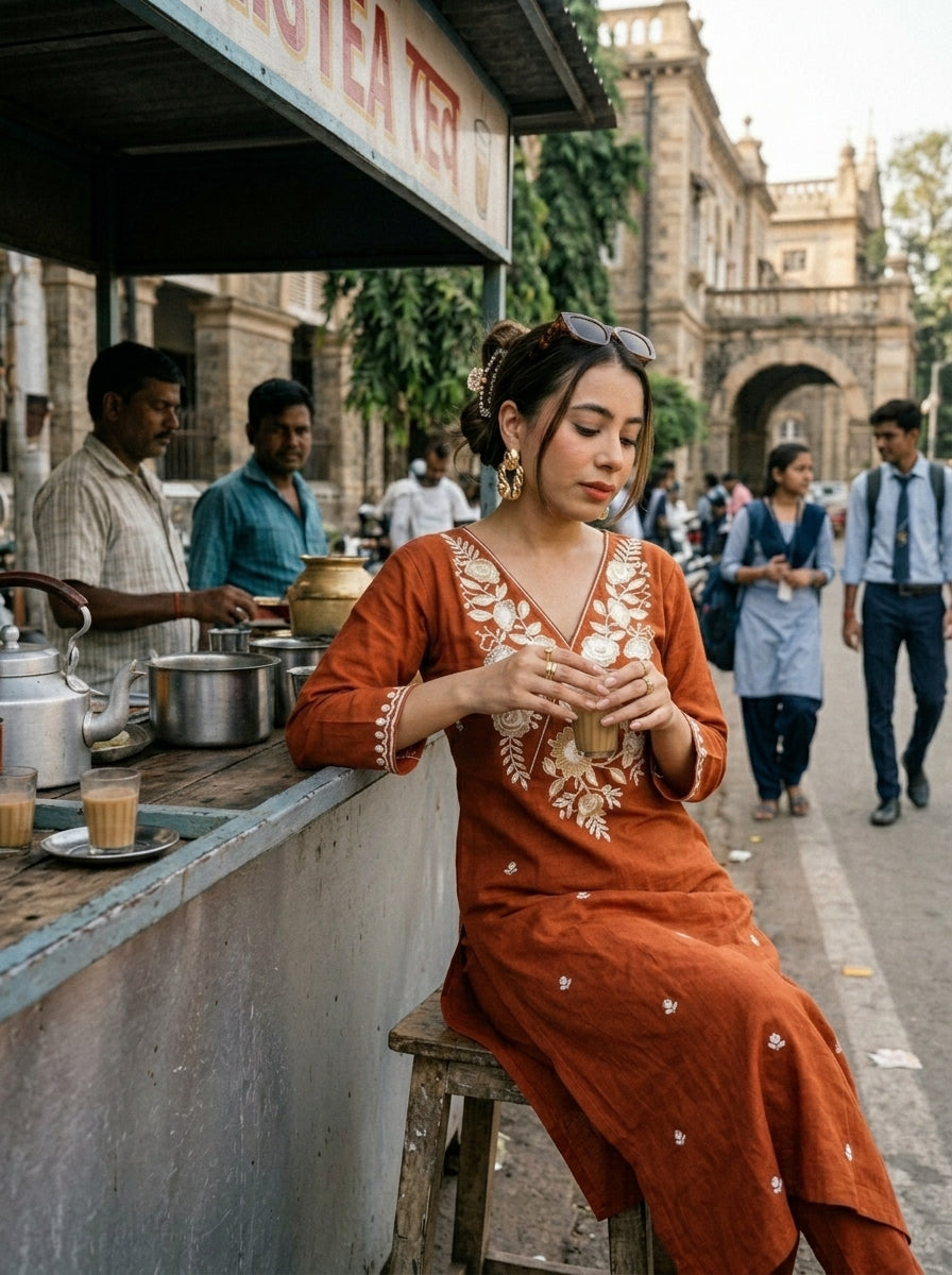 Keshariya Bloom Kurti Set (Rust)