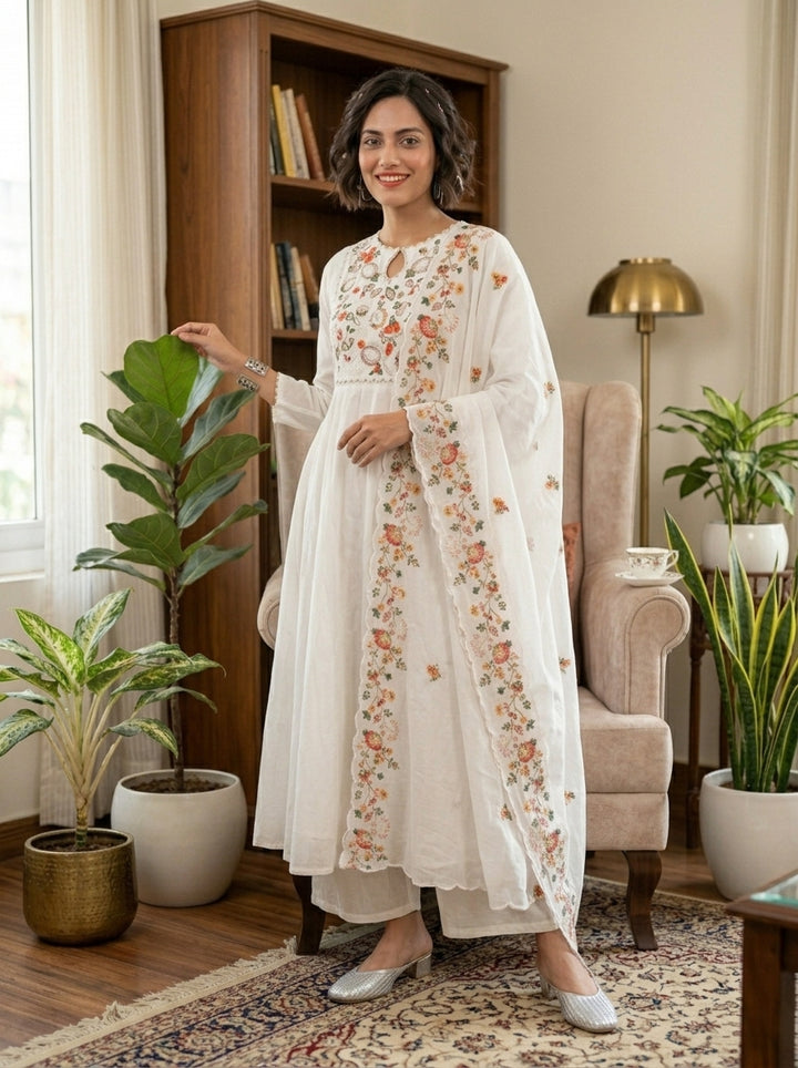 Spring Bloom Cotton Kurti Set( White)