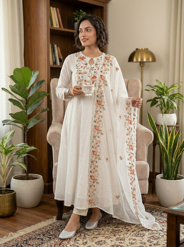 Spring Bloom Cotton Kurti Set( White)