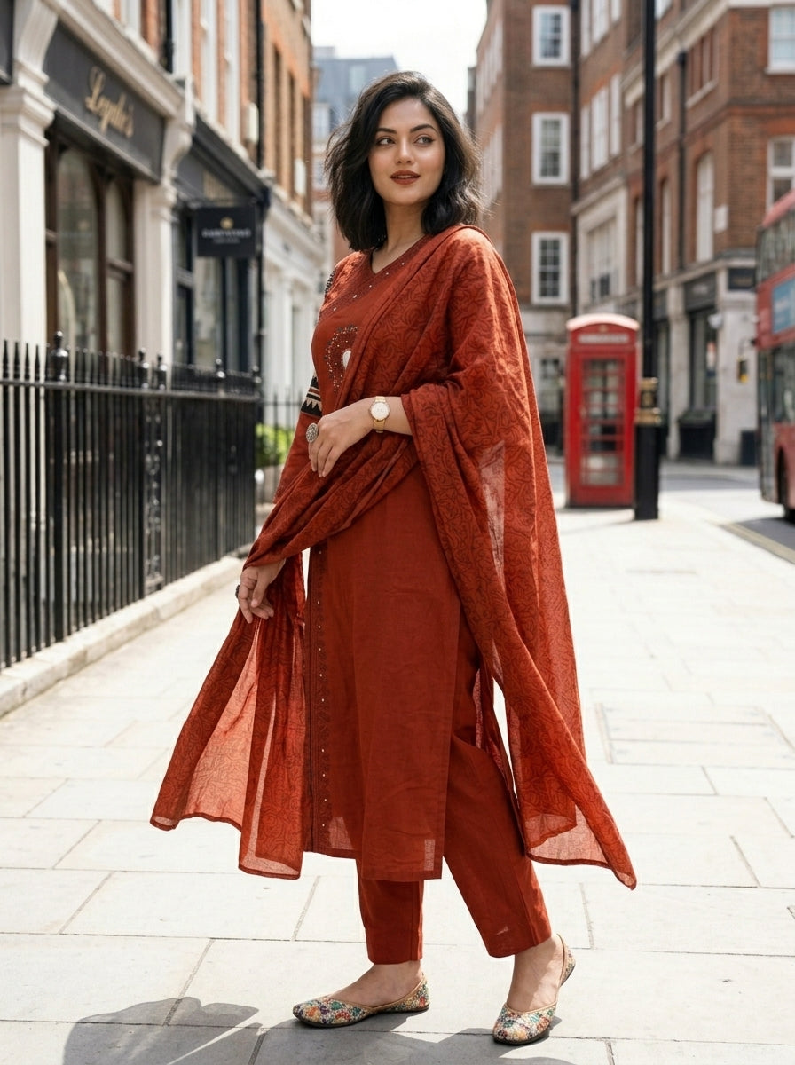 Anvee Cotton Kurti Set(Orange)