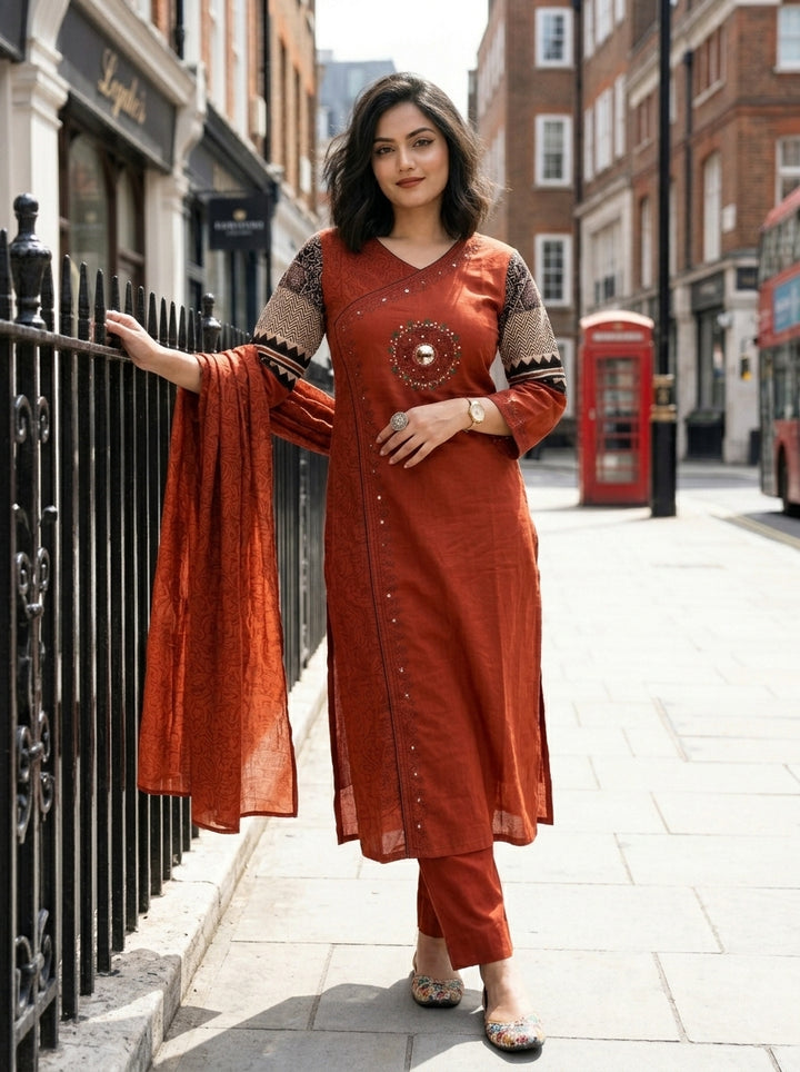 Anvee Cotton Kurti Set(Orange)