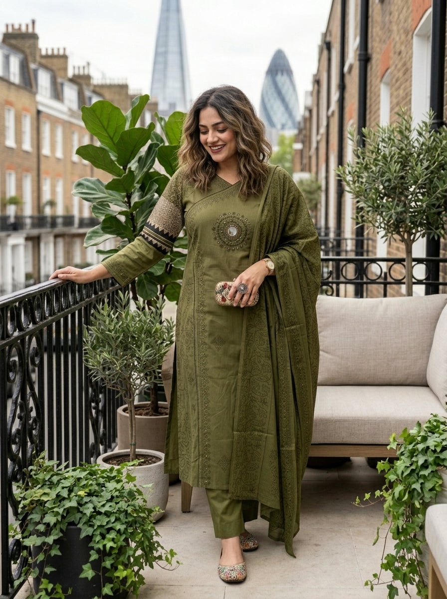 Anvee Cotton Kurti Set(Green)
