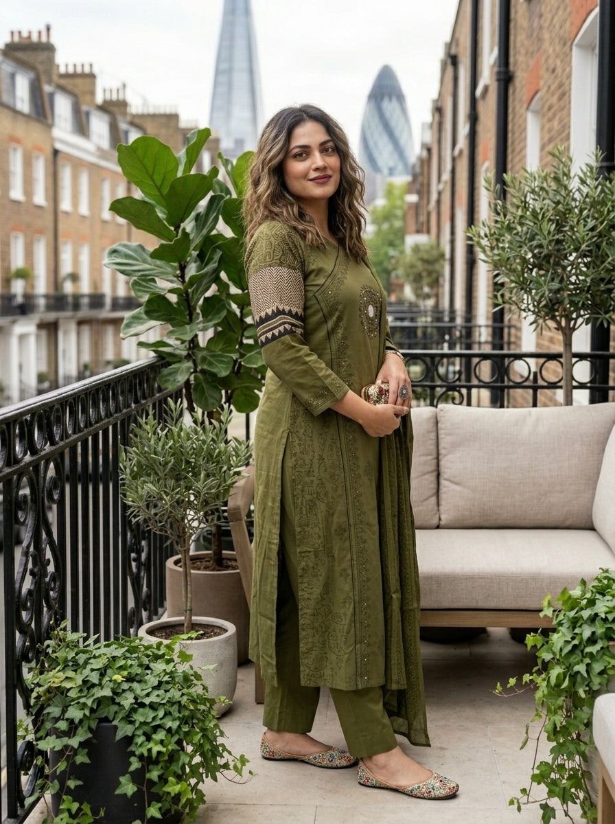 Anvee Cotton Kurti Set(Green)