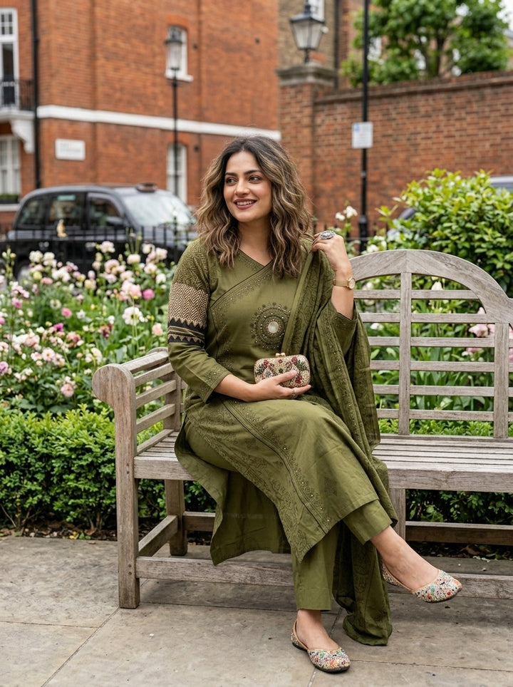 Anvee Cotton Kurti Set(Green)