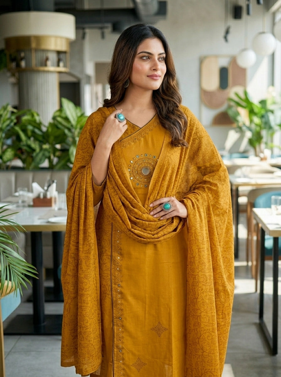 Anvee Cotton Kurti Set(Yellow)