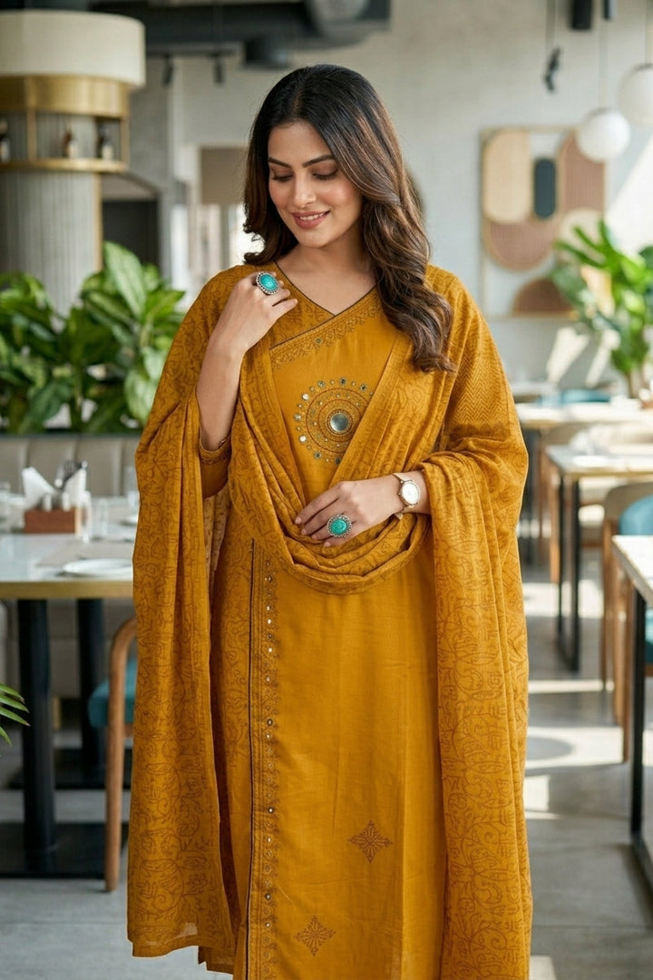 Anvee Cotton Kurti Set(Yellow)